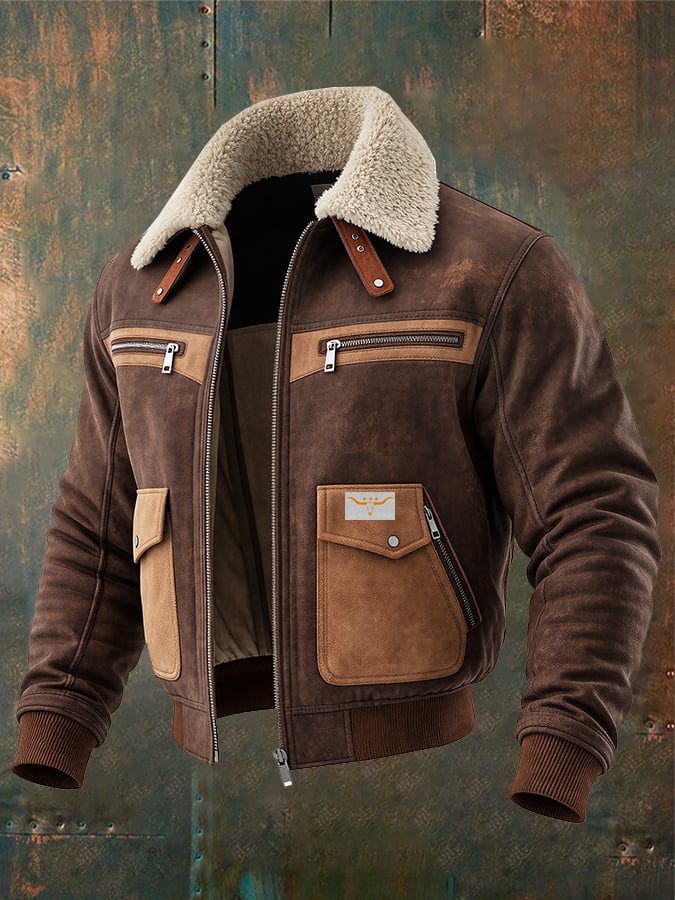 Chaqueta Bomber De Ante Marrón Con Cálido Cuello De Sherpa