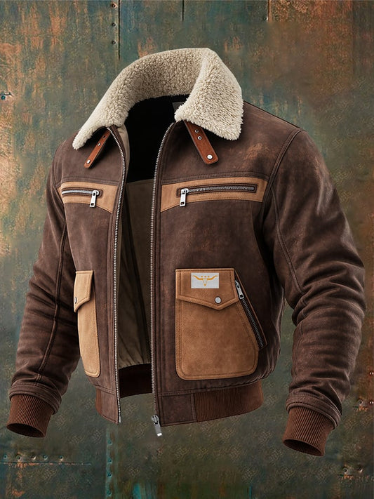 Chaqueta Bomber De Ante Marrón Con Cálido Cuello De Sherpa