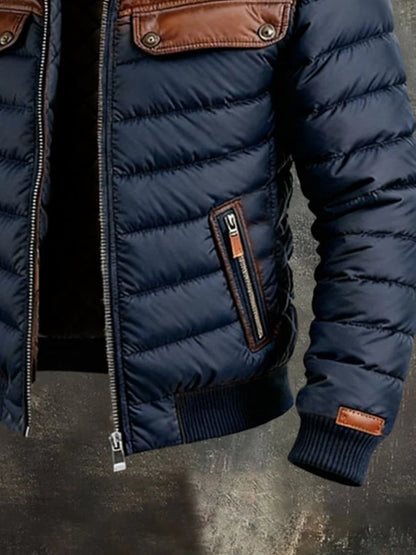 Chaqueta Acolchada Azul Marino Con Paneles De Cuero