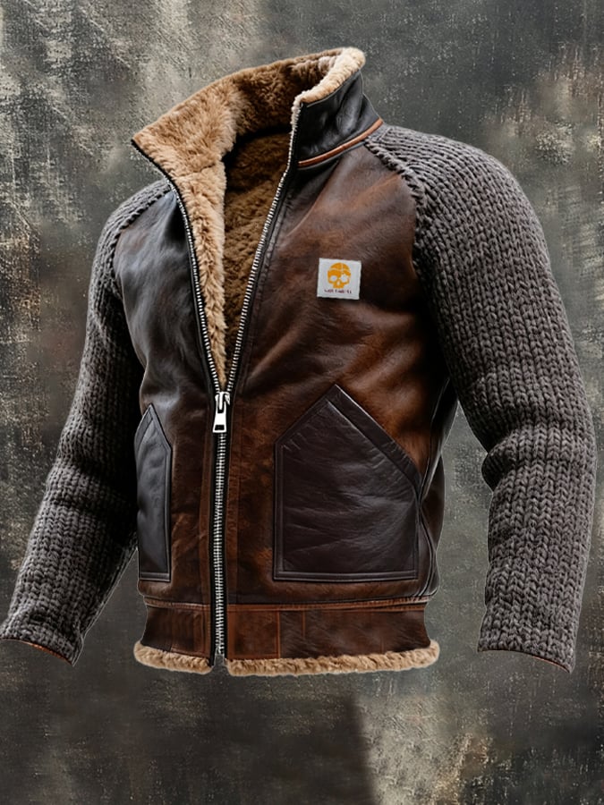Chaqueta De Cuero Y Punto Con Cálido Forro De Sherpa
