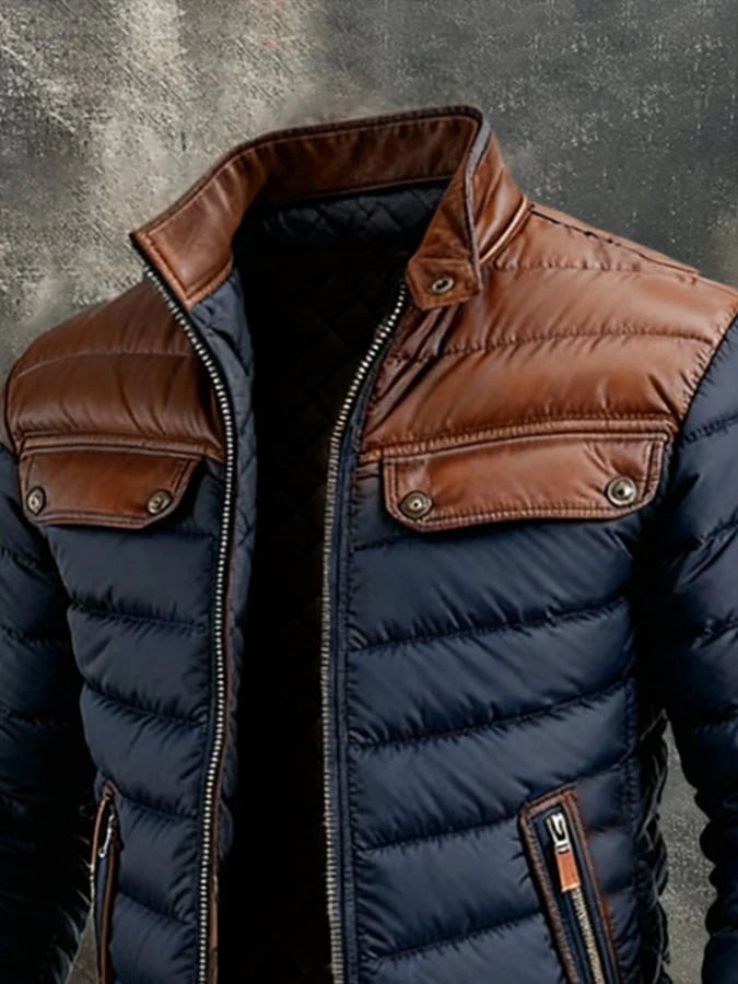 Chaqueta Acolchada Azul Marino Con Paneles De Cuero