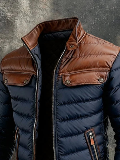 Chaqueta Acolchada Azul Marino Con Paneles De Cuero