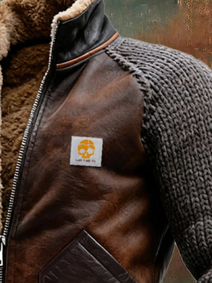 Chaqueta De Cuero Y Punto Con Cálido Forro De Sherpa