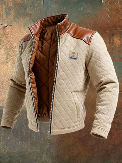 Chaqueta Acolchada Beige Con Paneles De Cuero