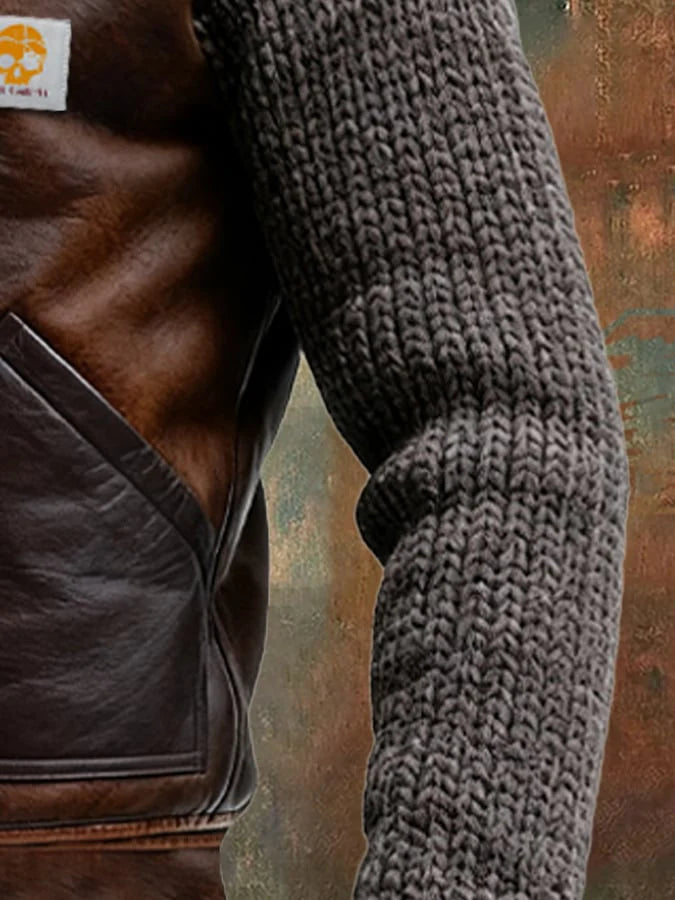 Chaqueta De Cuero Y Punto Con Cálido Forro De Sherpa